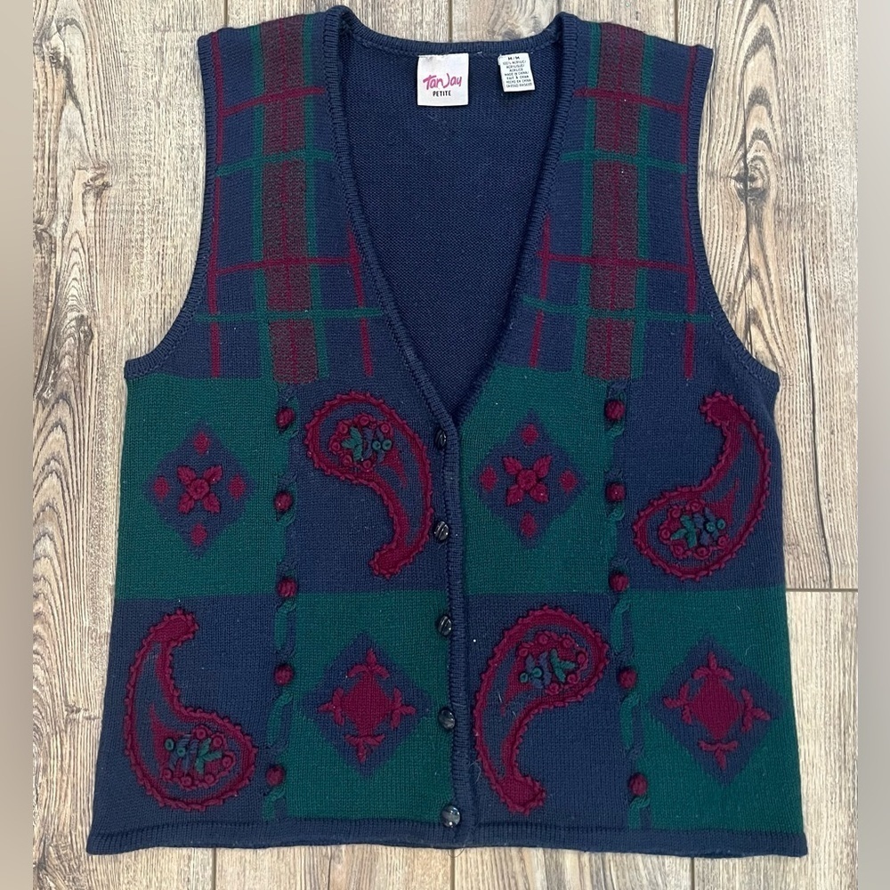 Vintage Tan Jay Petite Vest Paisley Pattern with Pom Poms - Cottage core size M